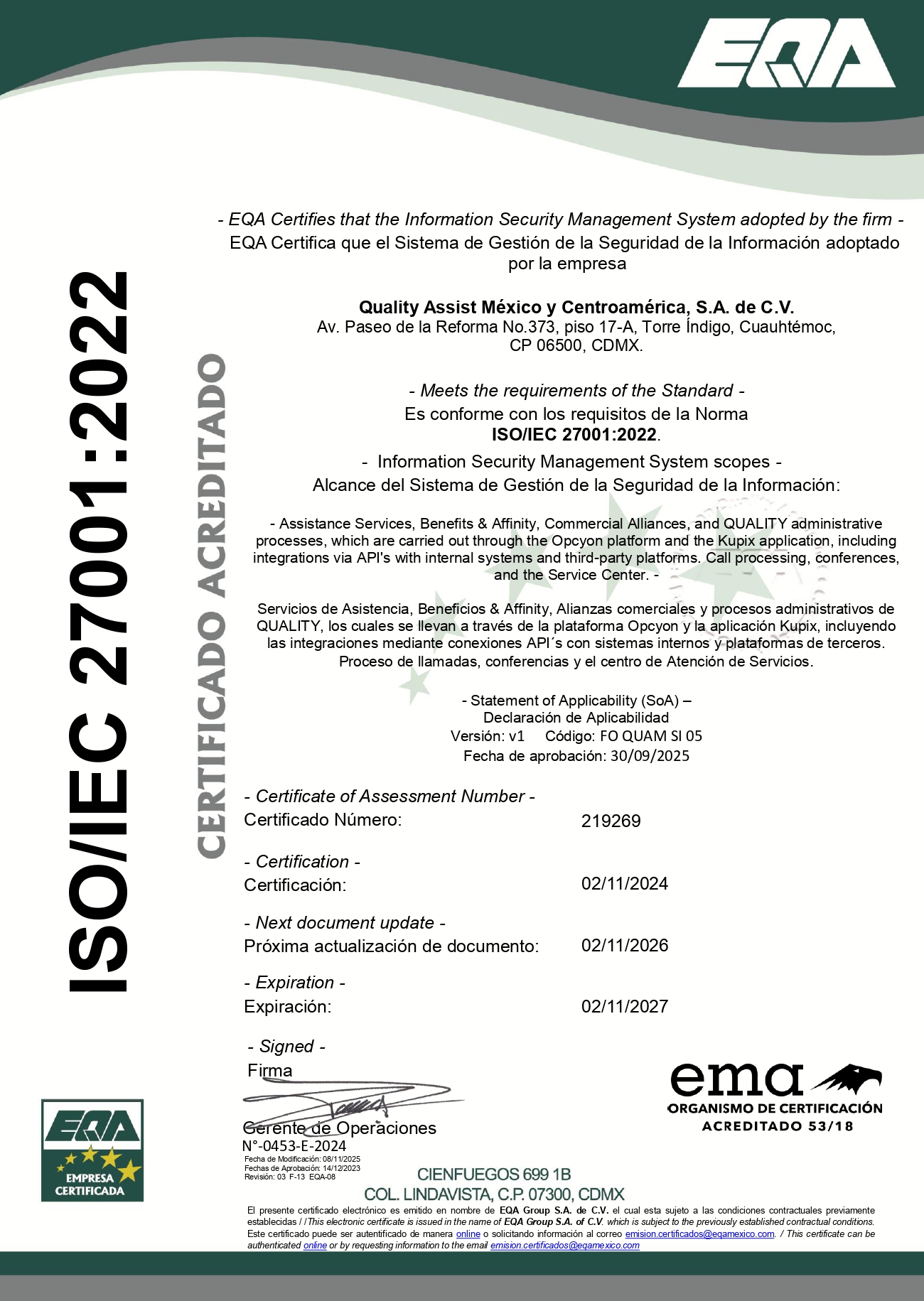 Certificado ISO 27001 emitido a Quality Assist México y Centroamérica, S.A. de C.V.