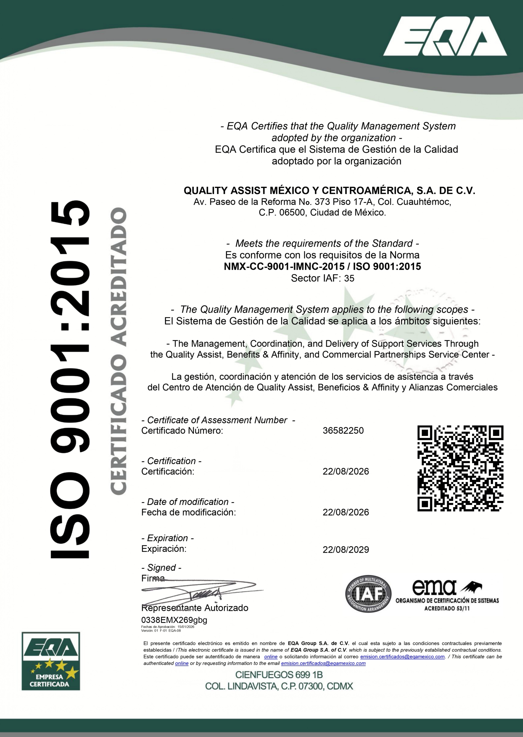 Certificado ISO 9001:2015 número 36582250 emitido por EQA a Quality Assist México y Centroamérica, S.A. de C.V.